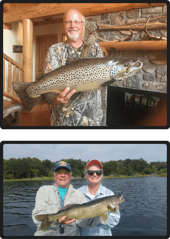 Two pictures of people holding fish and a boat