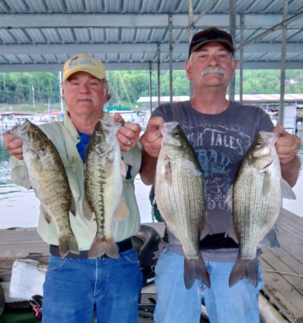 Two men holding up fish on a dock.